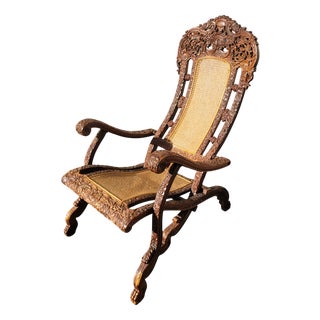 Indian Folding Armchair in Carved Wood For Sale