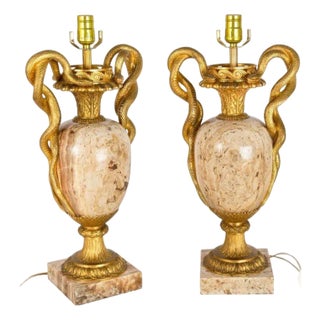 Pair of French Louis XVI Gilt Bronze Lamps With Snake Handles Circa 1870 For Sale