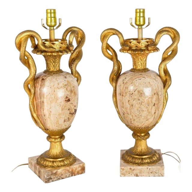 Pair of French Louis XVI Gilt Bronze Lamps With Snake Handles Circa 1870 For Sale