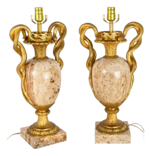Pair of French Louis XVI Gilt Bronze Lamps With Snake Handles Circa 1870