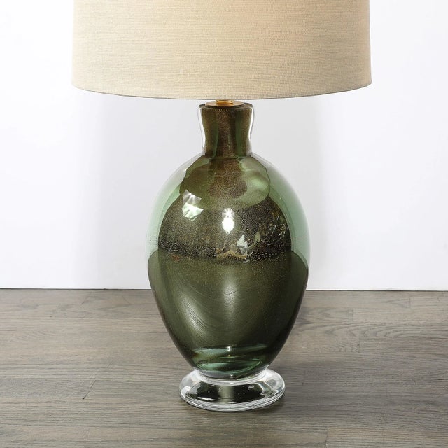 Modernist Hand-Blown Murano Smoked Emerald Glass Table Lamps W/ 24k Gold Flecks For Sale - Image 11 of 12