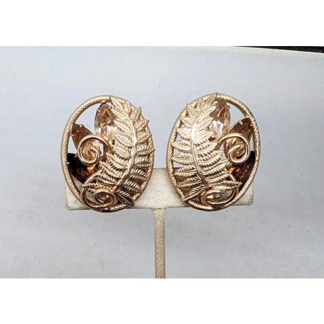 Metal Vintage 1950s Signed Napier Goldtone Faux-Topaz & Citrine Fern Clip Earrings-2 Pieces For Sale - Image 7 of 8