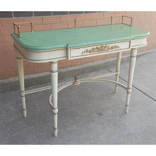 Louis XVI Style Partial Gilt, Cream and Green Enamel Painted Console Table For Sale - Image 4 of 10