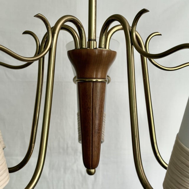 Mid-Century Modernist Swedish Chandelier in Brass, Birch and Glass, 1940s For Sale - Image 9 of 12