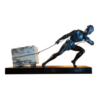 Early 20th Century Bronze Sculpture of Man Pulling Marble Block For Sale