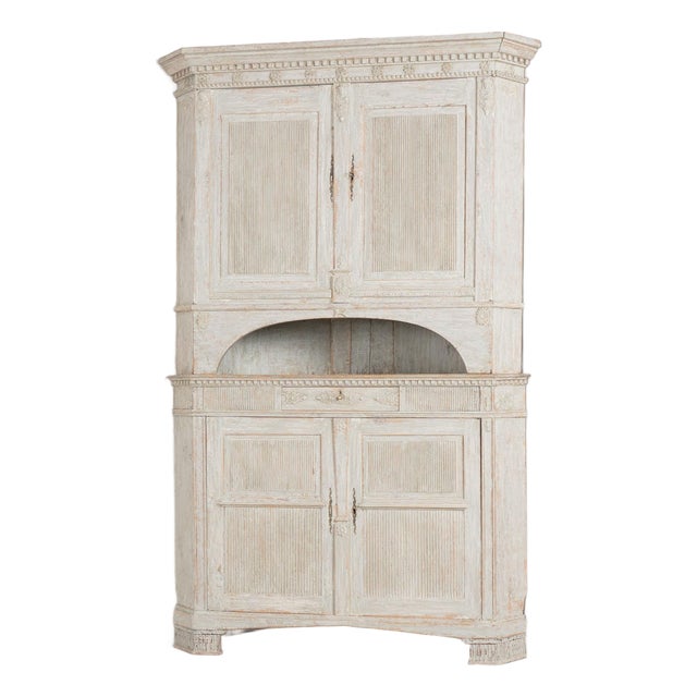 Large 19th Century Swedish Gray Gustavian Pine Corner Cabinet For Sale