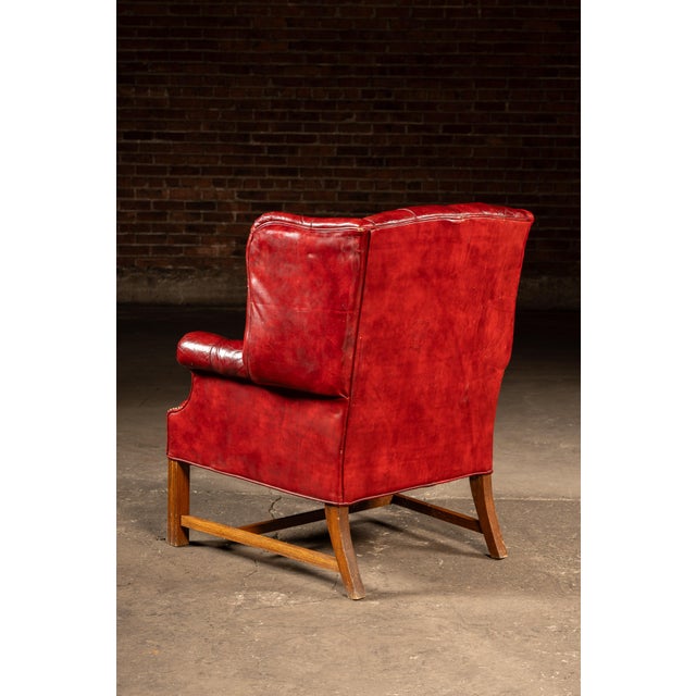 Ethan Allen Vintage Leather Chesterfield Wingback Chair With Ottoman in Red by Ethan Allen For Sale - Image 4 of 13