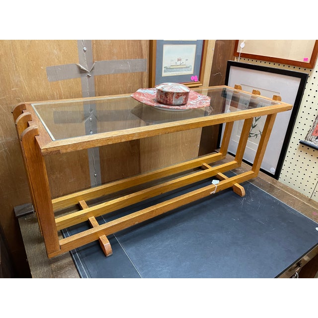 Wood 1950s Mid Century Golden Oak Cocktail Table With Glass Insert For Sale - Image 7 of 10