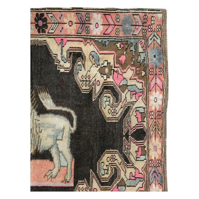 A vintage Caucasian Karabagh gallery rug with a pictorial design of 4 lions handmade during the mid-20th century. Measure:...