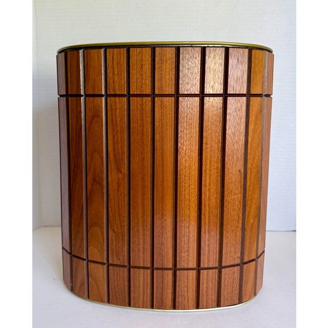 Brown 1960s Ransburg Wood Slat & Gold Metal Oval Wastebasket For Sale - Image 8 of 11