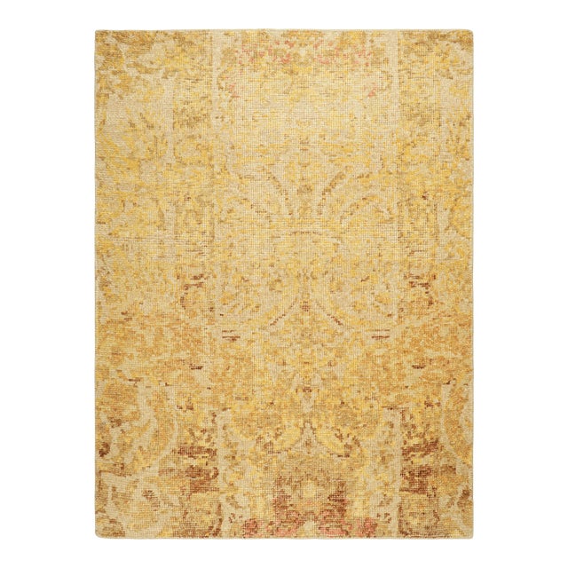 Rug & Kilim’s Distressed European Rug in Beige-Brown & Gold Florals For Sale