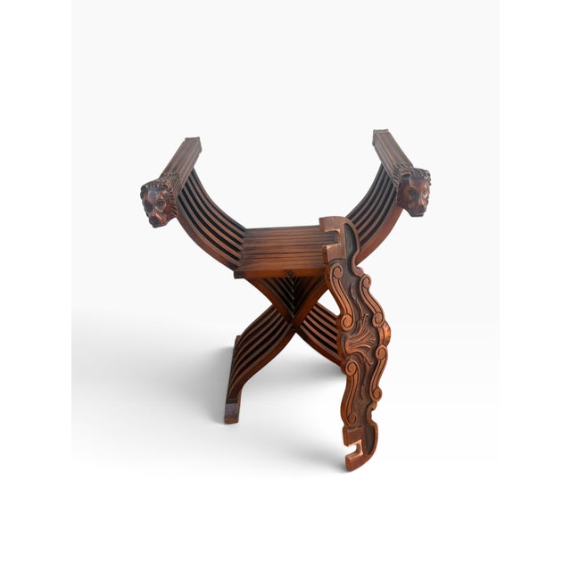 Pair of Vintage Renaissance Revival Savonarola Chairs With Carved Lion Heads For Sale - Image 9 of 14