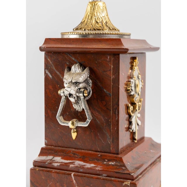 Bronze H & F Paris Circa 1900 Belle Époque Wolf Heads Garniture, Rouge Royal Marble For Sale - Image 8 of 9