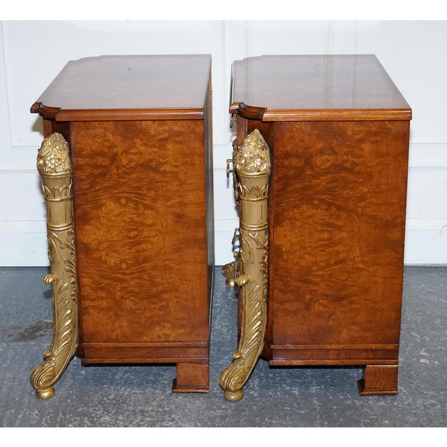Traditional French Empire Style Gold Detailed Burr Walnut Bedsides Nightstands, Set of 2 For Sale - Image 3 of 12