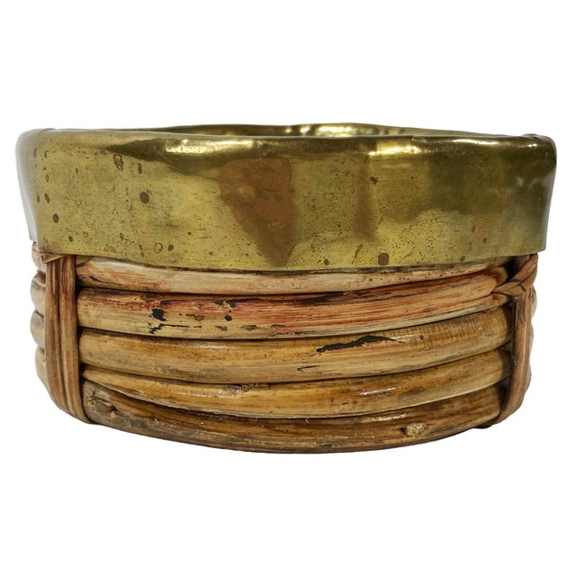 Mid 20th Century Vintage Italian Crespi Style Rattan and Brass Rim Wine Coaster For Sale - Image 5 of 7