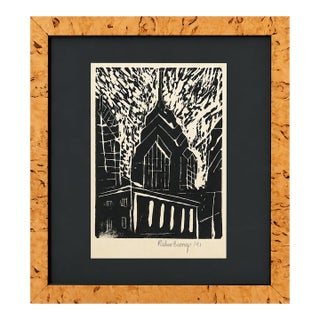 Vintage Signed Ruben Bermejo Black & White Architectural Print, 1991, Burl Wood Frame For Sale