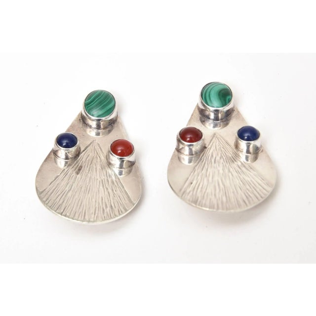 Metal Vintage Hallmarked Sterling Silver Malachite, Carnelian, Blue Lace Agate Clip on Earrings Pair Of For Sale - Image 7 of 8