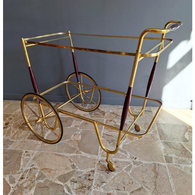 Italian Glass and Wood Bar Trolley in Brass, 1950s For Sale - Image 4 of 6