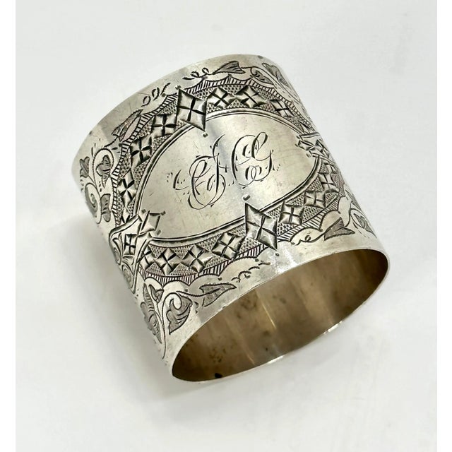 Victorian Oversize Beautifully Hand Engraved Antique American Victorian Sterling Silver Napkin Ring - Circa 1870s For Sale - Image 3 of 12