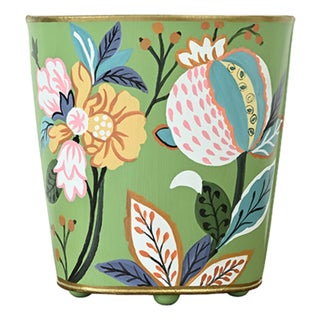 Matthew Izzo Home Handpainted Tole Metal Poppy Floral Wastebasket in Spring Green For Sale