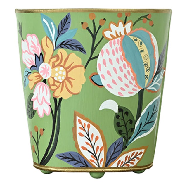Matthew Izzo Home Handpainted Tole Metal Poppy Floral Wastebasket in Spring Green For Sale