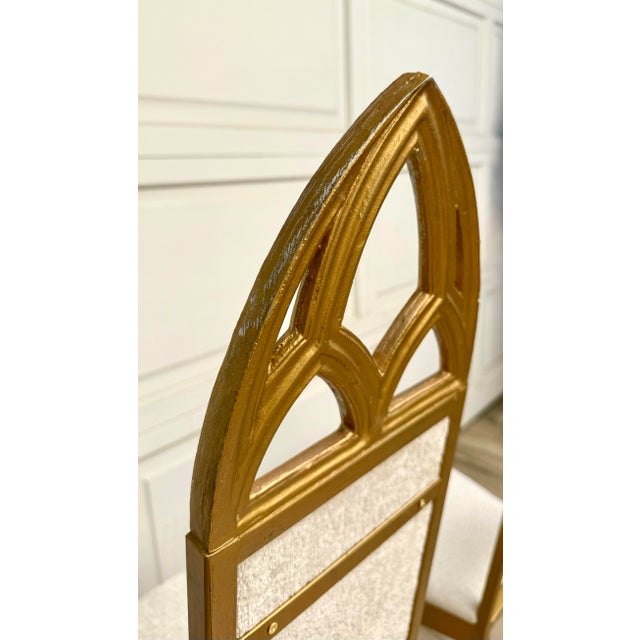 Gold Pair of Hollywood Regency Gothic Revival Gold Dining or Accent Chairs in Ivory Bouclé For Sale - Image 8 of 9