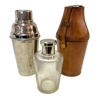 1930's German Travel Nesting Cocktail Shaker Set With Leather Case and Glass Insert For Sale