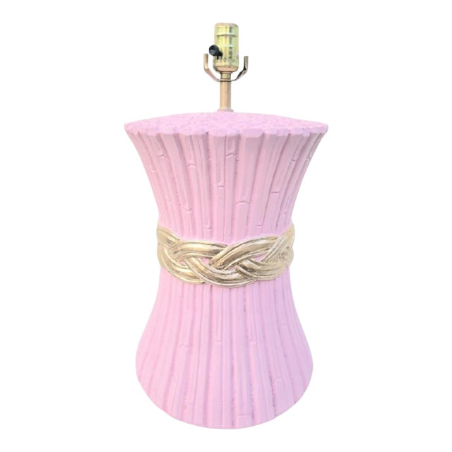 Vintage Custom Hand Painted Bunched Up Sheaf of Wheat Light Pink Gold Braided Plaster Table Lamp For Sale