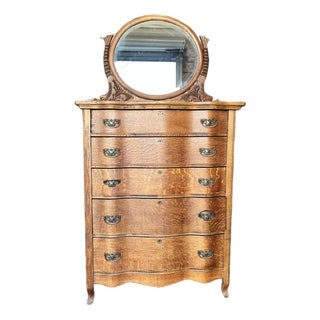 Antique Quarter-Sawn Oak Serpentine Dresser With Original Oval Swing Mirror, C. 1900–1915 For Sale