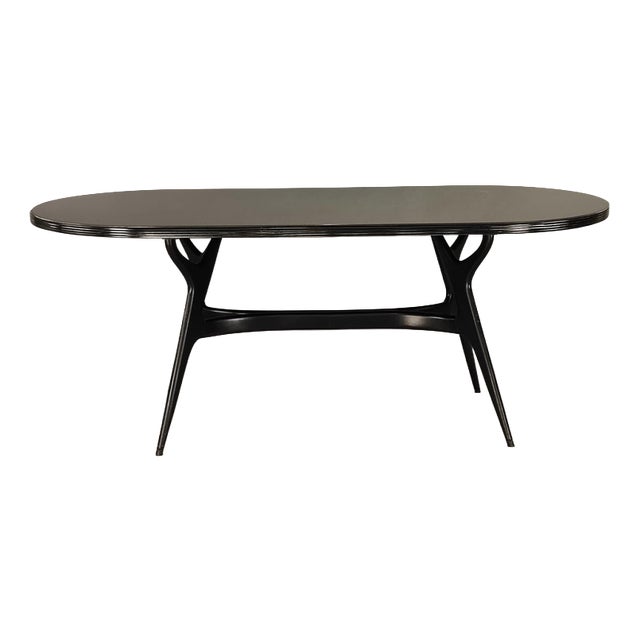 Black Table with Oval Glass Top, 1950s For Sale