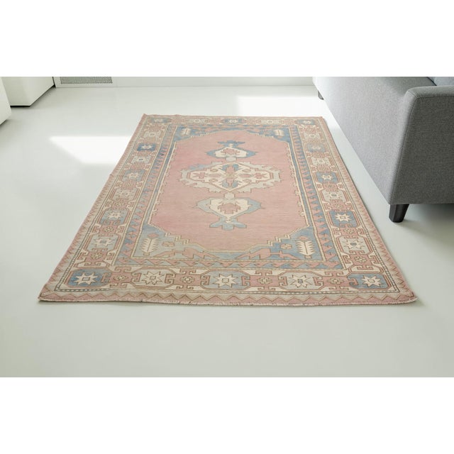 Vintage Turkish Area Rug, Hand-Knotted Wool, Soft Pink and Blue Anatolian Rug For Sale - Image 6 of 10