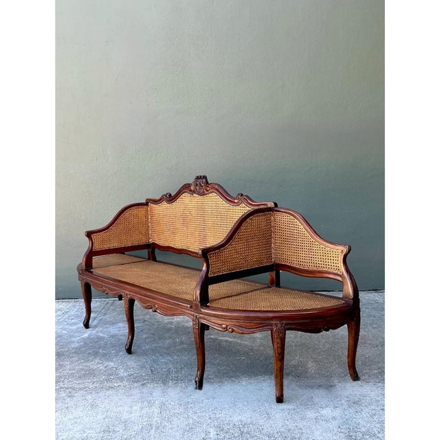 Wood Vintage Carved Wood and Cane Settee For Sale - Image 7 of 12