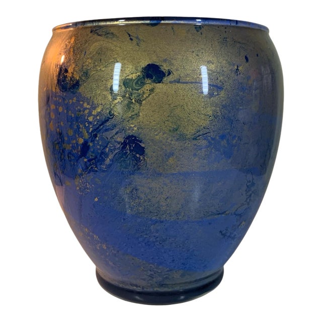 Abstract Blue & Gold Reverse Painted Deco Vase For Sale