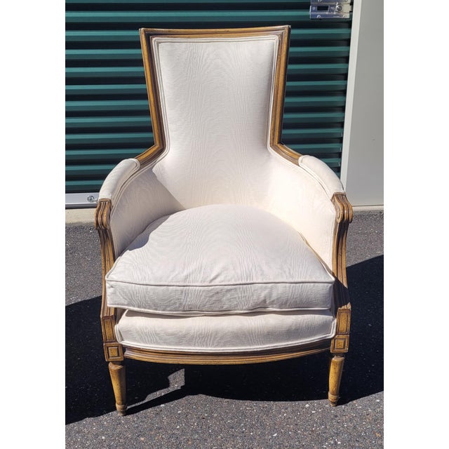 1950s Pair Mid Century 1950s Arm Chairs White Moire Fabric For Sale - Image 5 of 11
