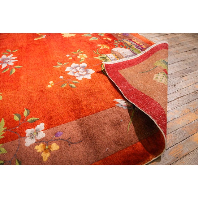 1920s Red Field Modern Floral Antique Chinese Knotted Wool Art Deco Carpet Rug For Sale - Image 10 of 11
