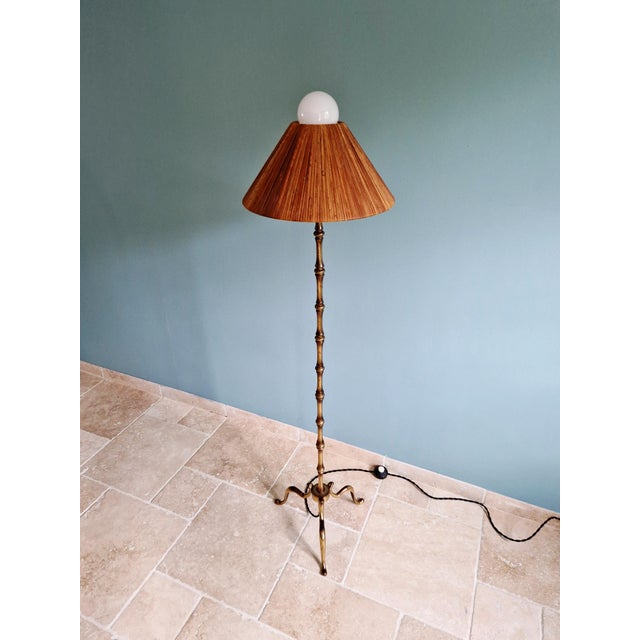 Mid-Century Modern Mid-Century Modern Brass Floor Lamp with Rattan Lampshade, 1950s For Sale - Image 3 of 18