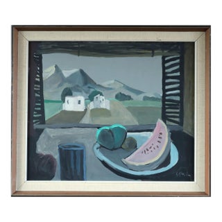 Mid-Century Modern 'Still Life With Mountain View' Vintage Original Interior Oil Painting, Framed For Sale