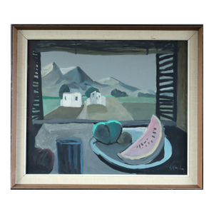 Mid-Century Modern 'Still Life With Mountain View' Vintage Original Interior Oil Painting, Framed