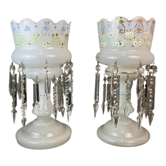 Antique Pair Victorian Enamel Painted Decorated Art Glass Lusters Prisms For Sale