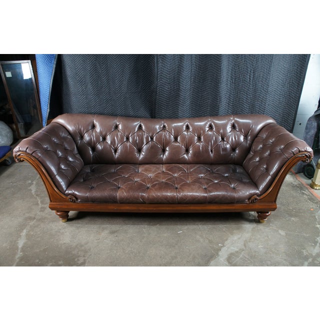 Baker Furniture Company Late 20th Century Baker Furniture Stately Homes Tufted Brown Leather & Walnut Chatsworth Sofa For Sale - Image 4 of 15