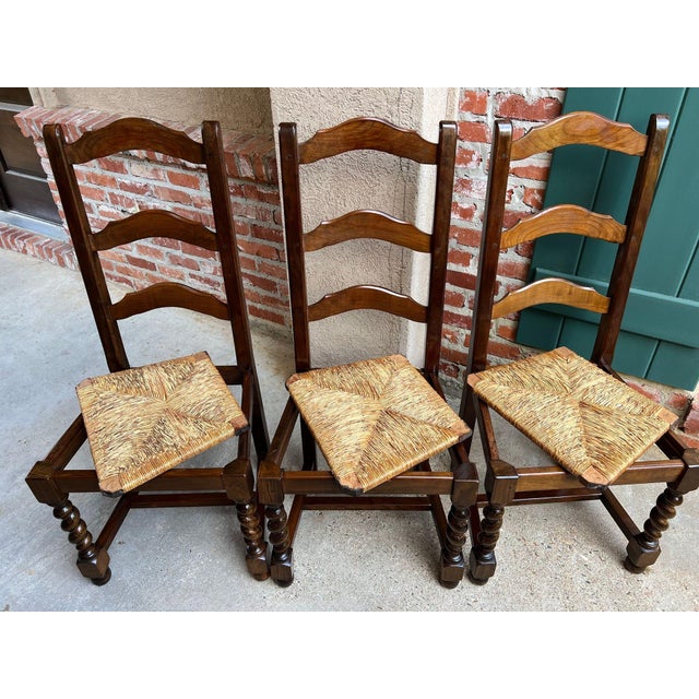 Vintage French Dining Chairs Set 6 Oak Barley Twist Rush Seat Ladder Back For Sale - Image 10 of 18