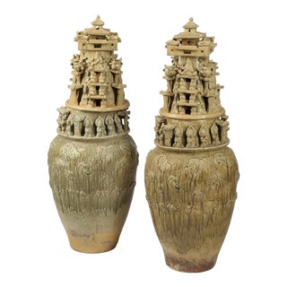 Pair of Early 1900s Chinese Earthenware Ceremonial Vases For Sale