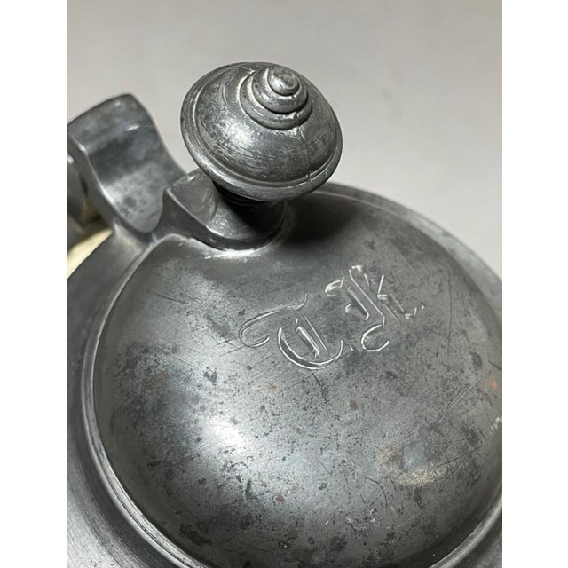 19th Century Antique 1Ltr. Early 1800's German Pottery Pewter Lidded Beer Stein Mug Tankard For Sale - Image 5 of 13