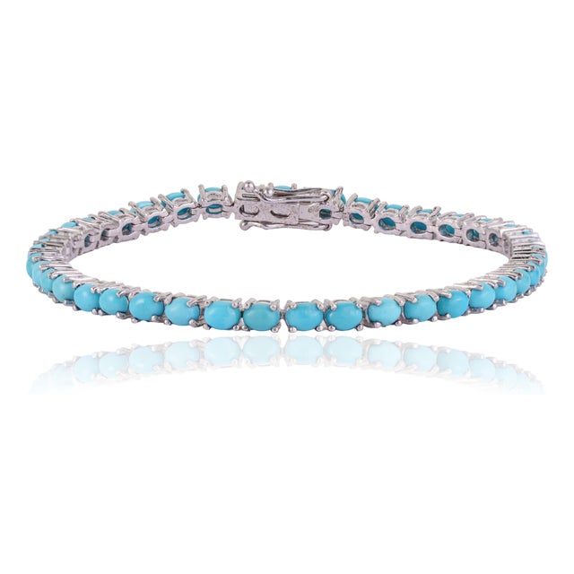 Handcrafted Vibrant Oval Cut 7.28 Ct Blue Turquoise Tennis Bracelet - December Birthstone Gift For Sale