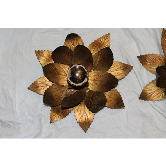 Willy Daro 1960's Willy Daro Gilt Metal Floral Sconces - A Pair For Sale - Image 4 of 12