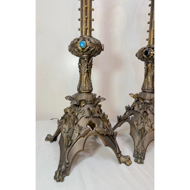 Antique 1800's Ornate Bronze Religious Candle Holder Electric Table Lamps - a Pair For Sale In New York - Image 6 of 14