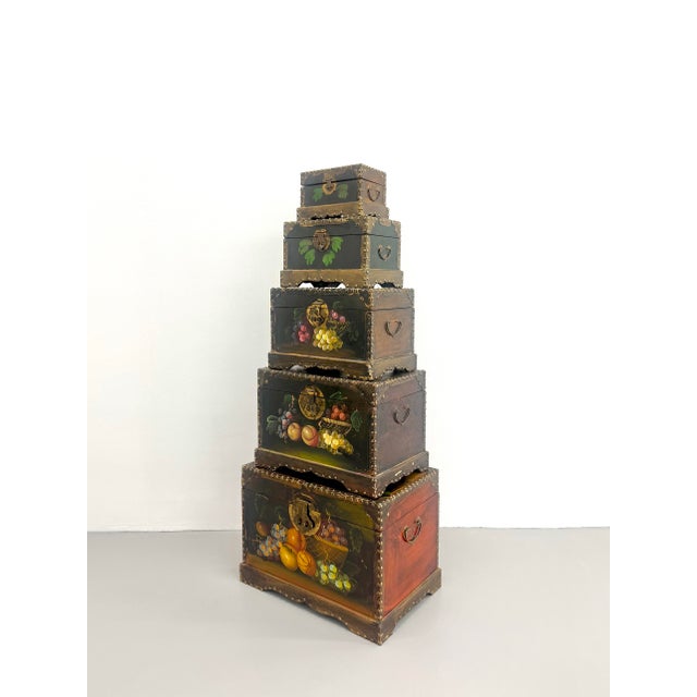Late 19th Century Vintage Hand-Painted Nesting Still Life Storage Boxes – Set of Five For Sale - Image 5 of 12