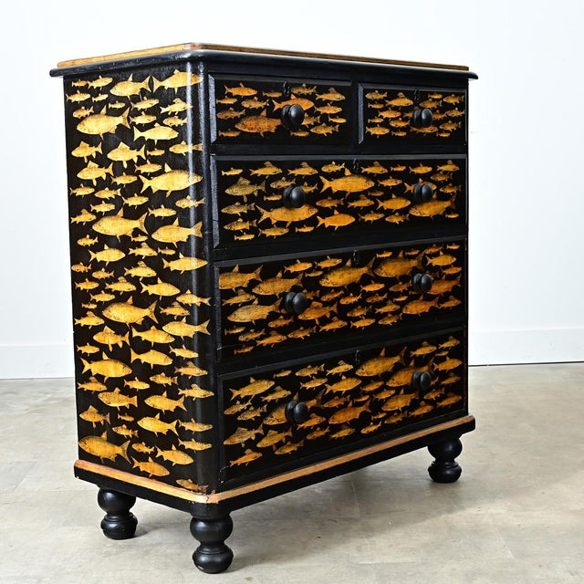 Victorian English 19th Century Pine Painted Chest with Fish Decoupage For Sale - Image 3 of 11