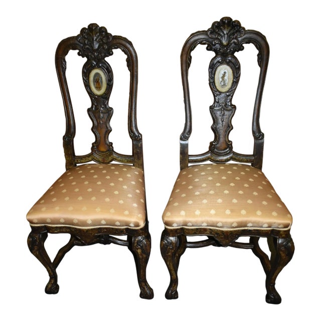 Antique Carved & Hand Painted Venetian Style Side Chairs W/Reverse Painted Glass For Sale