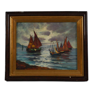 Framed Oil on Board of G. Volpin's "Sailing Ships Seascape"